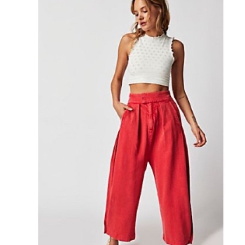 Free People Vibrant Red Wide-Leg Pants